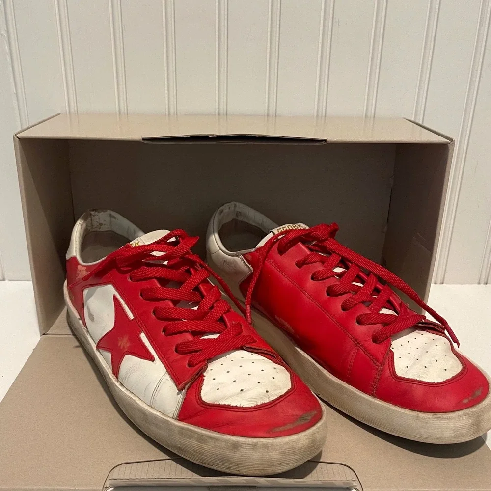 Golden Goose Stardan Sneakers Mens Size 12 Red White Luxury Distressed Low Top